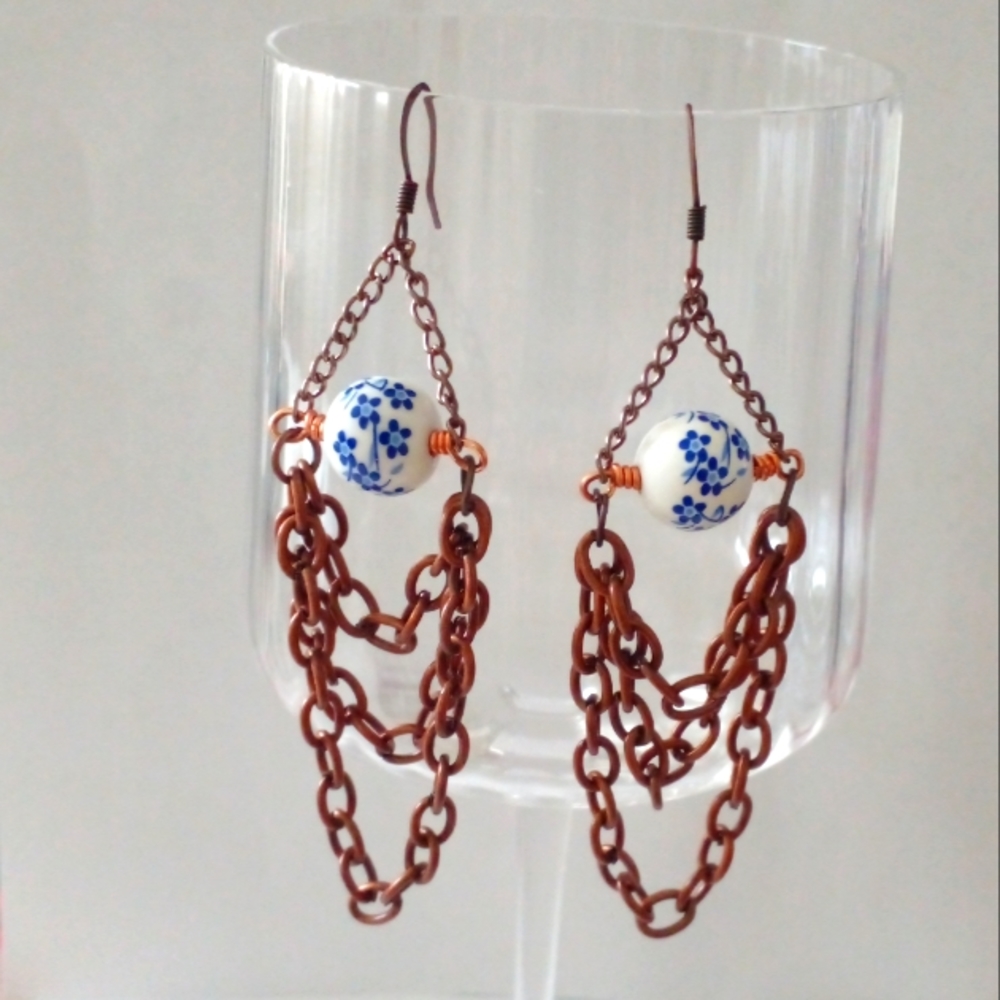 White Floral Ceramic Beaded Copper Chain Chandelier Dangle Earrings